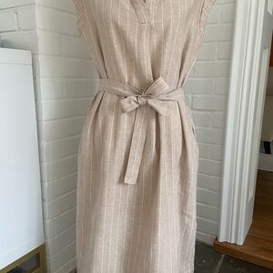 Women’s Size 10 Sleeveless Summer Belted Linen-Blend Dress Beige/White Stripe